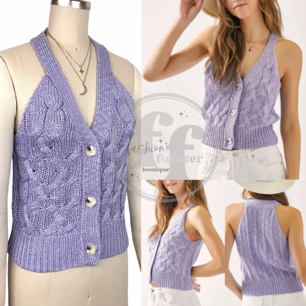 Day + Moon Chic Lavender Pastel Purple Cable Knit Sweater Vest Cardigan Tank Top